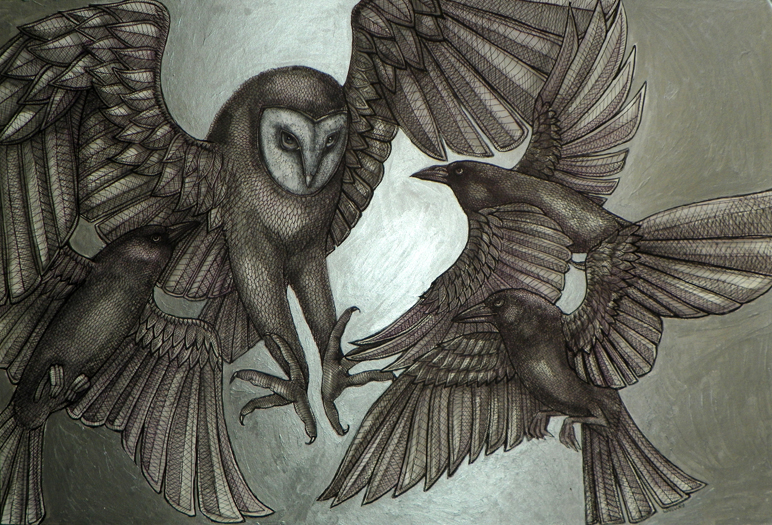 A Murder of Crows (Owl and Crow Painting)