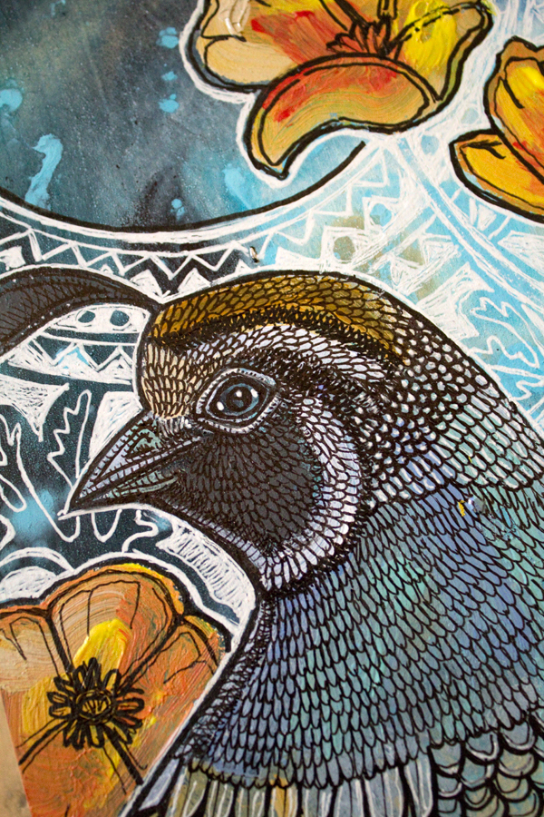 california quail and poppies art