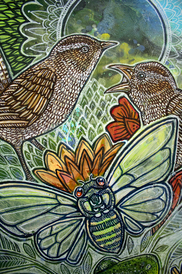 green frog, cicada and marsh wren art
