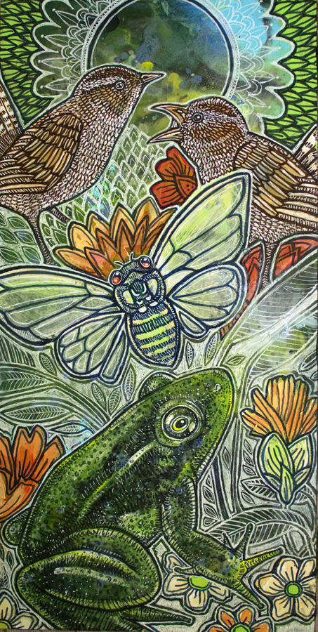 green frog, cicada and marsh wren art