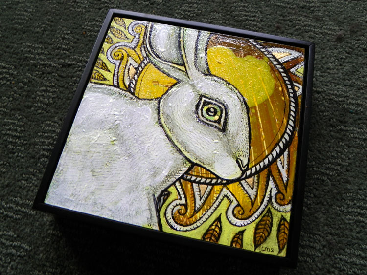 miniature white rabbit painting